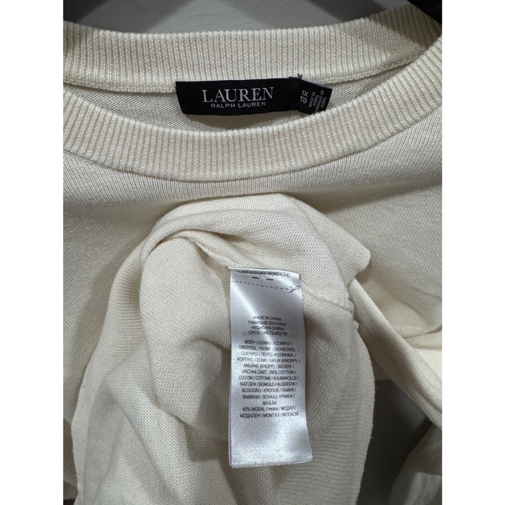Lauren Ralph Lauren Black Label Tie-Front Sweater Women 1X Cream Puff Sleeve Top - Picture 4 of 12